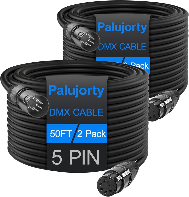 Palujorty كابل DMX 5 دبابيس 50 قدم 2 عبوة مع 3 موصلات لإضاءة المسرح ووحدة التحكم - Image 1